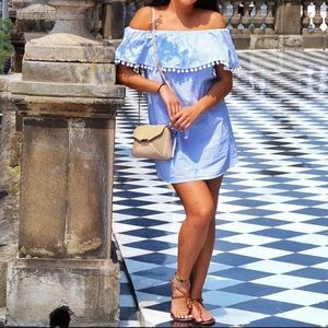 FOREVER21 blue and white striped strapless dress with white pompoms